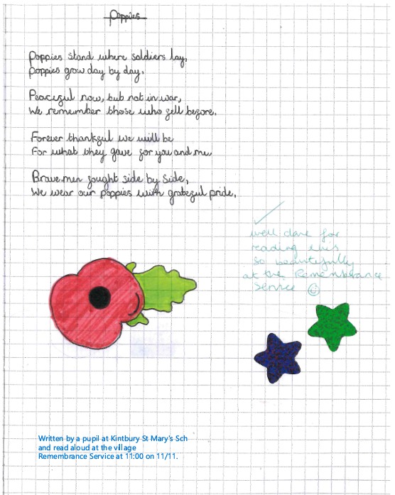 [Remembrance Day poem written by a pupil at Kintbury St. Mary's School]